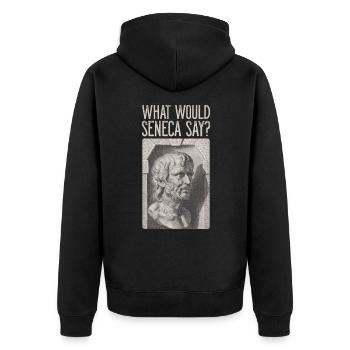 Seneca Stoiker Stoizismus WHAT WOULD SENECA SAY? - Unisex Premium Bio Zip Hoodie - Schwarz - Hinten - Nico (187cm)