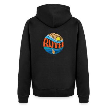 Ruth Shirt Vintage Sunset Ruth Groovy Tie Dye - Unisex Premium Bio Zip Hoodie - Schwarz - Hinten - Nico (187cm)