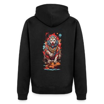 Japanischer Yokai Löwe Popart Ästhetik Design - Unisex Premium Bio Zip Hoodie - Schwarz - Hinten - Nico (187cm)
