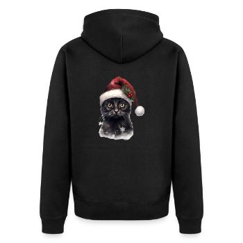 Schwarze Katze mit Weihnachtsmütze, T-Shirt, Tasse - Unisex Premium Bio Zip Hoodie - Schwarz - Hinten - Nico (187cm)