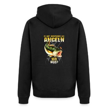 FID - Angler Designs - es gibt wichtigeres als - Unisex Premium Bio Zip Hoodie - Schwarz - Hinten - Nico (187cm)