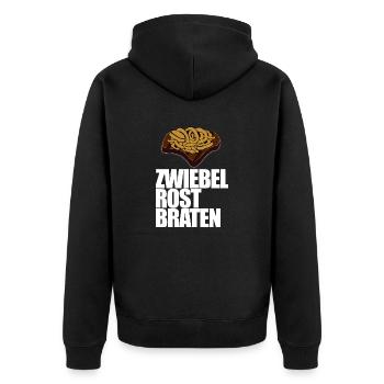 Zwiebelrostbraten, schwäbische Küche, lecker - Unisex Premium Bio Zip Hoodie - Schwarz - Hinten - Nico (187cm)