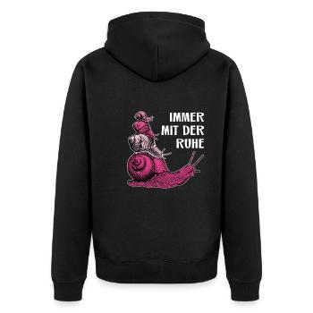 Immer mit der Ruhe vier Schnecken und Spruch - Unisex Premium Bio Zip Hoodie - Schwarz - Hinten - Nico (187cm)