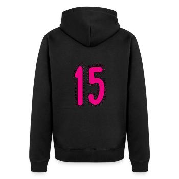 15. 15 JAHRE. 15. JAHRESTAG. 15-JÄHRIGES JUBILÄUM. - Unisex Premium Bio Zip Hoodie - Schwarz - Hinten - Nico (187cm)