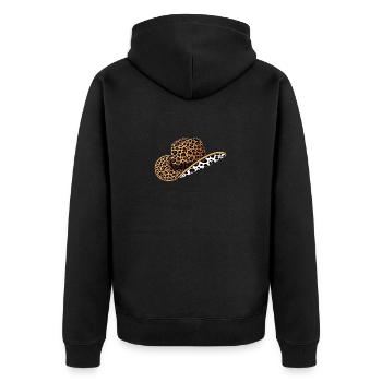Cowboyhut mit Leoparden- und Kuhmuster – Trendiges - Unisex Premium Bio Zip Hoodie - Schwarz - Hinten - Nico (187cm)