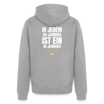 À tous les 50 ans, un jeune de 18 ans est lui-même - Veste à capuche bio Premium Unisexe - gris chiné - Dos - Nico (187cm)