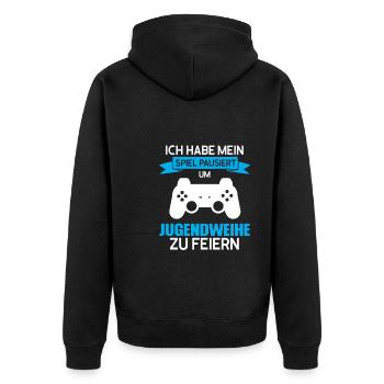 Jugendweihe Gaming Jugendweihfeier Geschenk - Unisex Premium Bio Zip Hoodie - Schwarz - Hinten - Nico (187cm)