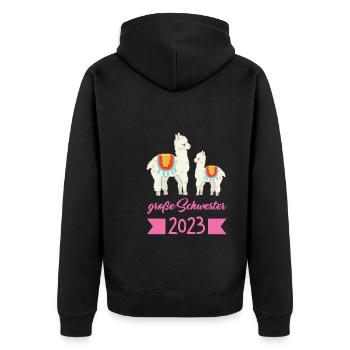 Große Schwester 2023 Alpaka Grosse Schwester 2023 - Unisex Premium Bio Zip Hoodie - Schwarz - Hinten - Nico (187cm)