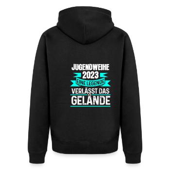 Jugendweihe Party Geschenk - Unisex Premium Bio Zip Hoodie - Schwarz - Hinten - Nico (187cm)