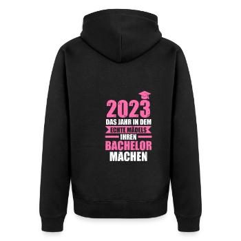 Bachelor 2023 Prüfung Prüfung Bestanden Geschenk - Unisex Premium Bio Zip Hoodie - Schwarz - Hinten - Nico (187cm)