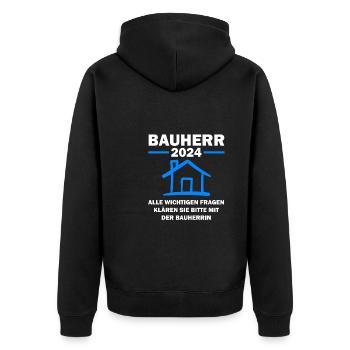 Bauherr 2024 Hausbau Baustelle Geschenk - Unisex Premium Bio Zip Hoodie - Schwarz - Hinten - Nico (187cm)