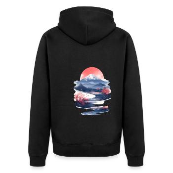 Aesthetic Japan Mt. Fuji Kirschblüten Sakura - Unisex Premium Bio Zip Hoodie - Schwarz - Hinten - Nico (187cm)
