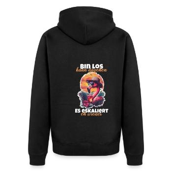 Flamingo Bin Los kann Dagehen Es Eskaliert Eh - Unisex Premium Bio Zip Hoodie - Schwarz - Hinten - Nico (187cm)