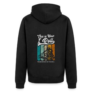 Modelleisenbahn Eisenbahner Nerd Schienen - Unisex Premium Bio Zip Hoodie - Schwarz - Hinten - Nico (187cm)