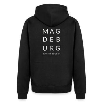 Magdeburg Schriftzug - Unisex Premium Bio Zip Hoodie - Schwarz - Hinten - Nico (187cm)