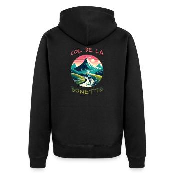 Col de la Bonette: The Challenge of the Alps - Unisex Premium Organic Zip Hoodie - black - Back - Nico (187cm)