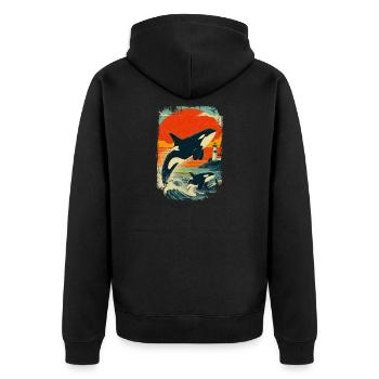 Orca Wal Familie Leuchtturm Vintage Sonnenuntergan - Unisex Premium Bio Zip Hoodie - Schwarz - Hinten - Nico (187cm)
