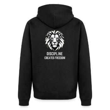 Disziplin schafft Freiheit, Löwe - Unisex Premium Bio Zip Hoodie - Schwarz - Hinten - Nico (187cm)