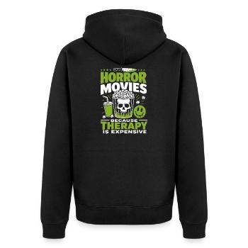 Horror Movies Because Therapy Expensive - Unisex Premium Bio Zip Hoodie - Schwarz - Hinten - Nico (187cm)