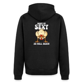 Humor, Chiken-Frauen sagen - Unisex Premium Bio Zip Hoodie - Schwarz - Hinten - Nico (187cm)