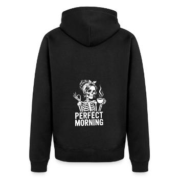Perfekter Morgen mit Kaffee Skelett mit Kaffeepot - Unisex Premium Bio Zip Hoodie - Schwarz - Hinten - Nico (187cm)