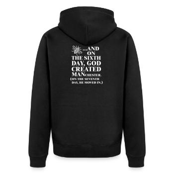GOD CREATED MANCHESTER - Unisex Premium Organic Zip Hoodie - black - Back - Nico (187cm)