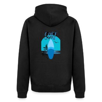 Surfbrett mit Sonnenuntergang Blau - Palmen - Unisex Premium Bio Zip Hoodie - Schwarz - Hinten - Nico (187cm)