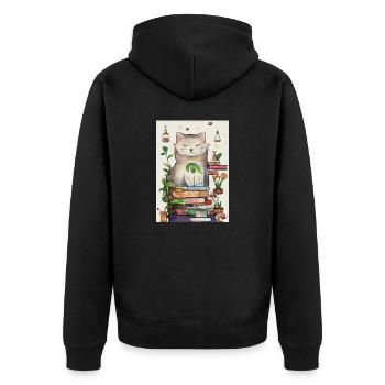 Eine kuschelige Katze auf einem Bücherstapel - Unisex Premium Bio Zip Hoodie - Schwarz - Hinten - Nico (187cm)