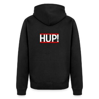 HUP! white and red - Unisex Premium Bio Zip Hoodie - Schwarz - Hinten - Nico (187cm)