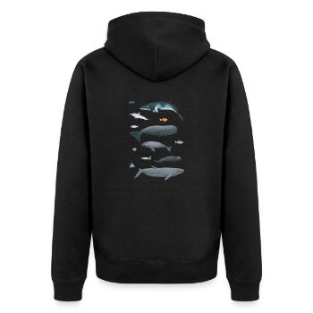 Muster mit Walen und Fischen / Unterwasserwelt - Unisex Premium Bio Zip Hoodie - Schwarz - Hinten - Nico (187cm)