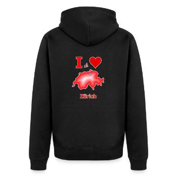 Schweizkarte mit der Stadt Zürich in weiß-blau - Unisex Premium Bio Zip Hoodie - Schwarz - Hinten - Nico (187cm)