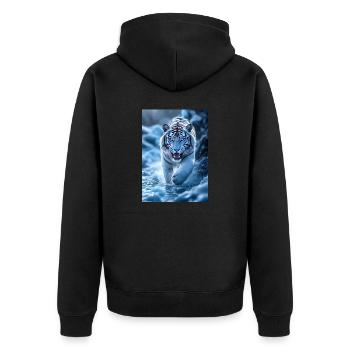 Weisser Tiger läuft durch Bachlauf - Unisex Premium Bio Zip Hoodie - Schwarz - Hinten - Nico (187cm)