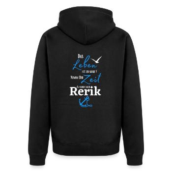 Rerik-Das Leben ist zu kurz.../Ostseebad Rerik - Unisex Premium Bio Zip Hoodie - Schwarz - Hinten - Nico (187cm)