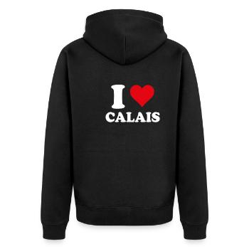 Ich liebe Calais Geschenktourismus - Unisex Premium Bio Zip Hoodie - Schwarz - Hinten - Nico (187cm)