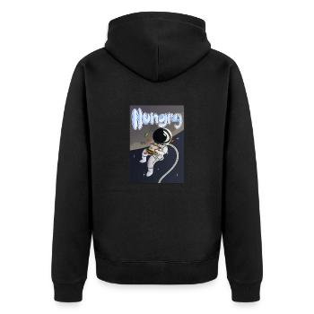 Astronaut "Hungry" - Unisex Premium Bio Zip Hoodie - Schwarz - Hinten - Nico (187cm)