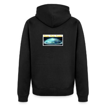 Firm.Flat.Fund. - Unisex Premium Bio Zip Hoodie - Schwarz - Hinten - Nico (187cm)