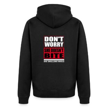 Don't worry she doesn't bite Hunde lustige Sprüche - Unisex Premium Bio Zip Hoodie - Schwarz - Hinten - Nico (187cm)