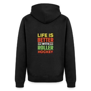 Roller Hockey Club Rollhockey Puck Spieler - Unisex Premium Bio Zip Hoodie - Schwarz - Hinten - Nico (187cm)