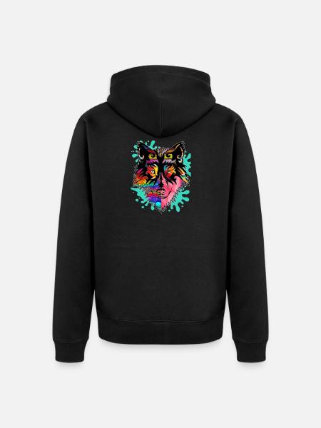 Wolf, bunt, - Unisex Premium Bio Zip Hoodie - Schwarz