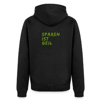 Sparen ist geil - Unisex Premium Bio Zip Hoodie - Schwarz - Hinten - Nico (187cm)