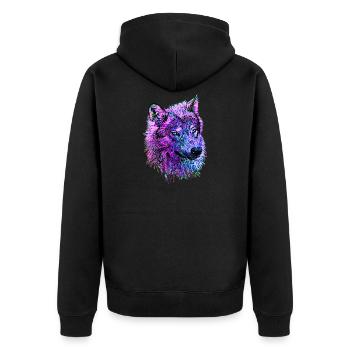 Neon Wolfskopf pink/lila/blau in Seitenansicht - Unisex Premium Bio Zip Hoodie - Schwarz - Hinten - Nico (187cm)