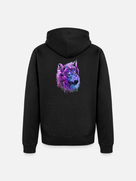 Neon Wolf's head pink/purple/blue in side view - Unisex Premium Organic Zip Hoodie - black