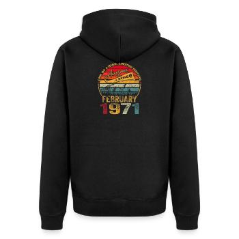 Vintage février 1971 50. Cadeau anniversaire - Veste à capuche bio Premium Unisexe - noir - Dos - Nico (187cm)