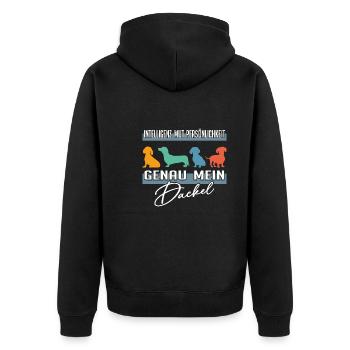 Intelligenz Mut Persönlichkeit - mein Dackel - Unisex Premium Bio Zip Hoodie - Schwarz - Hinten - Nico (187cm)