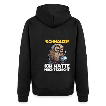 Schnauze! Ich hatte Nachtschicht Kaffee Eule - Unisex Premium Bio Zip Hoodie - Schwarz - Hinten - Nico (187cm)