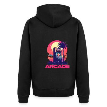 Vintage Game Over Arcade-Konsole Konsolenspieler - Unisex Premium Bio Zip Hoodie - Schwarz - Hinten - Nico (187cm)