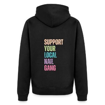 Unterstützen Sie Ihren Lokalen Nail Gang Nail Tech - Unisex Premium Bio Zip Hoodie - Schwarz - Hinten - Nico (187cm)