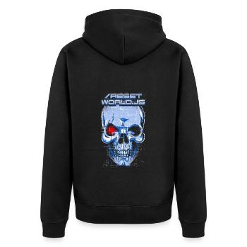 A creepy Reset World.js robot & skull - Unisex Premium Organic Zip Hoodie - black - Back - Nico (187cm)