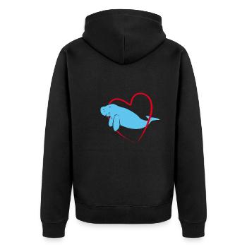 Dugong schwimmt durch rotes Herz - Unisex Premium Bio Zip Hoodie - Schwarz - Hinten - Nico (187cm)