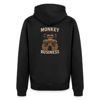 Affe mit Monkey Business Gun - Unisex Premium Bio Zip Hoodie - Schwarz - Hinten - Nico (187cm)